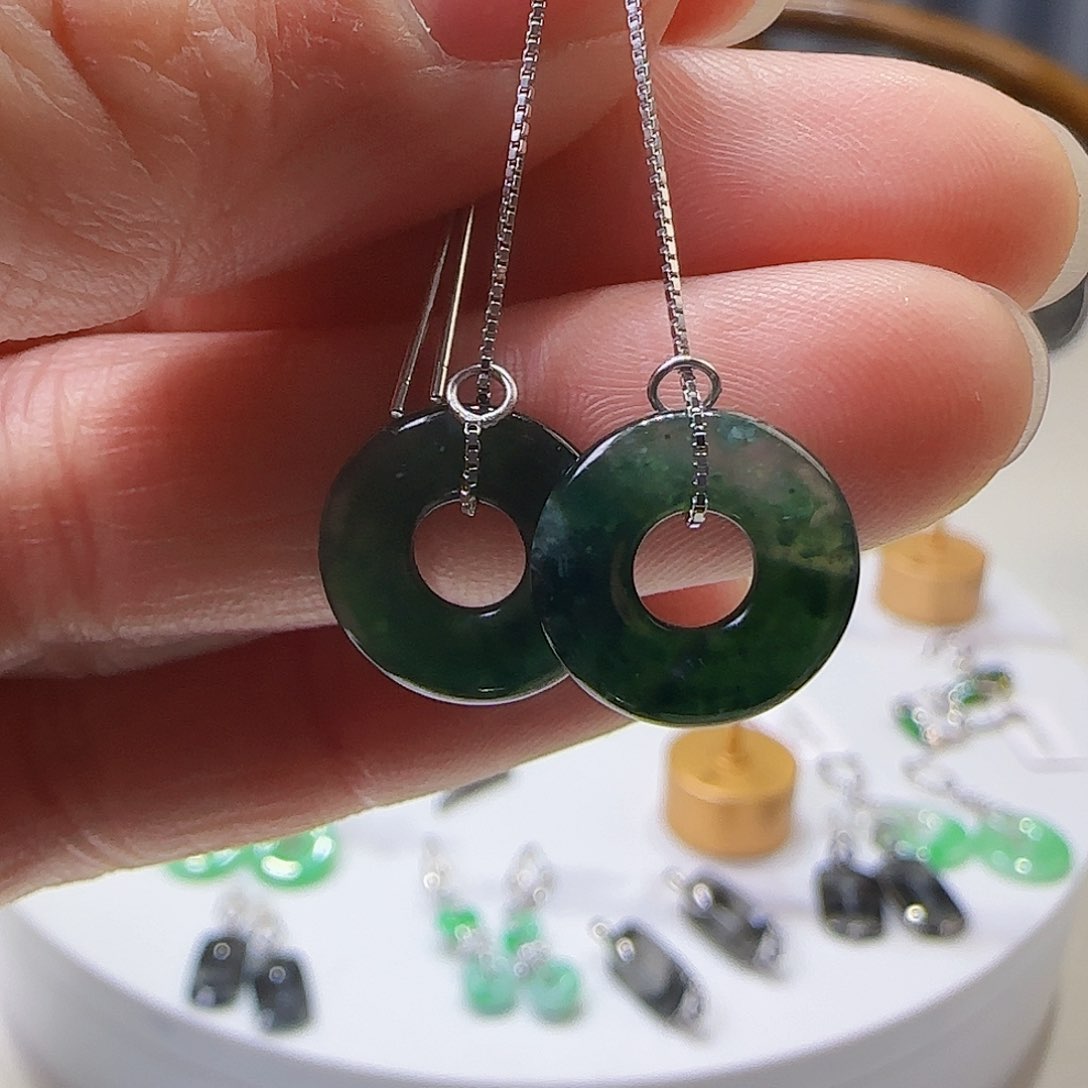 翡翠耳饰银S925镶嵌天然缅甸a货翡翠