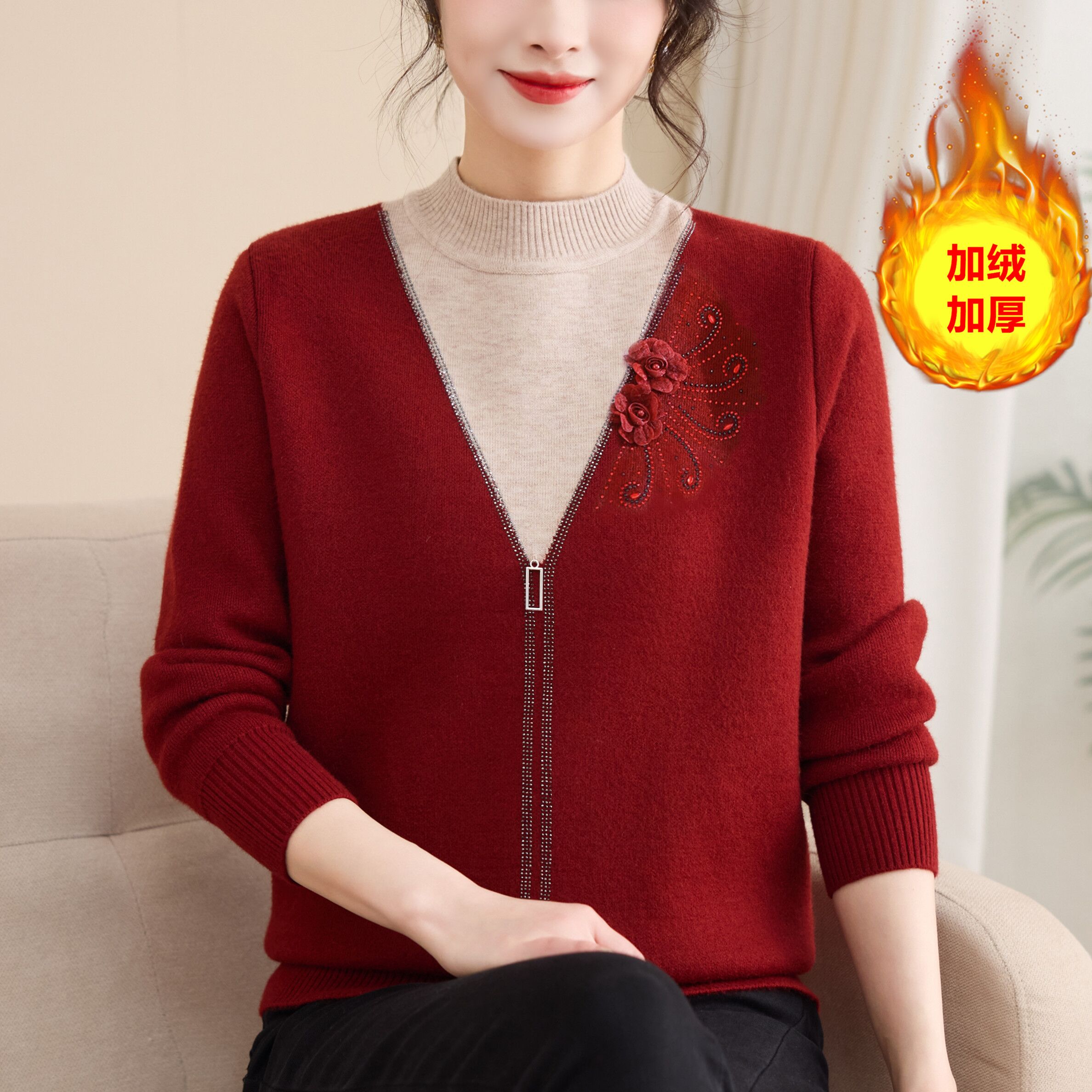 【加绒/不加绒】妈妈秋冬毛衣保暖内搭上衣中老年轻时尚加厚打底衫