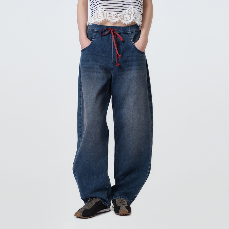 IIIVIVINIKO 2026SS"莫代尔混纺"复古水洗抽绳牛仔裤M611803219A