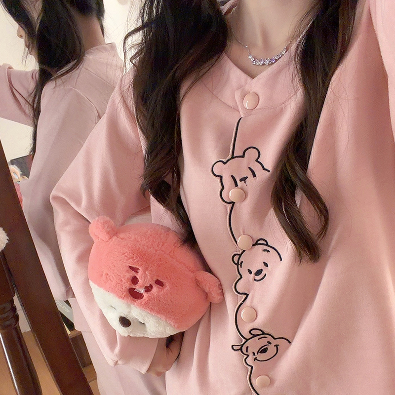 可爱粉色维尼睡衣女秋冬季长袖长裤甜妹绵羊绒加厚保暖家居服套装