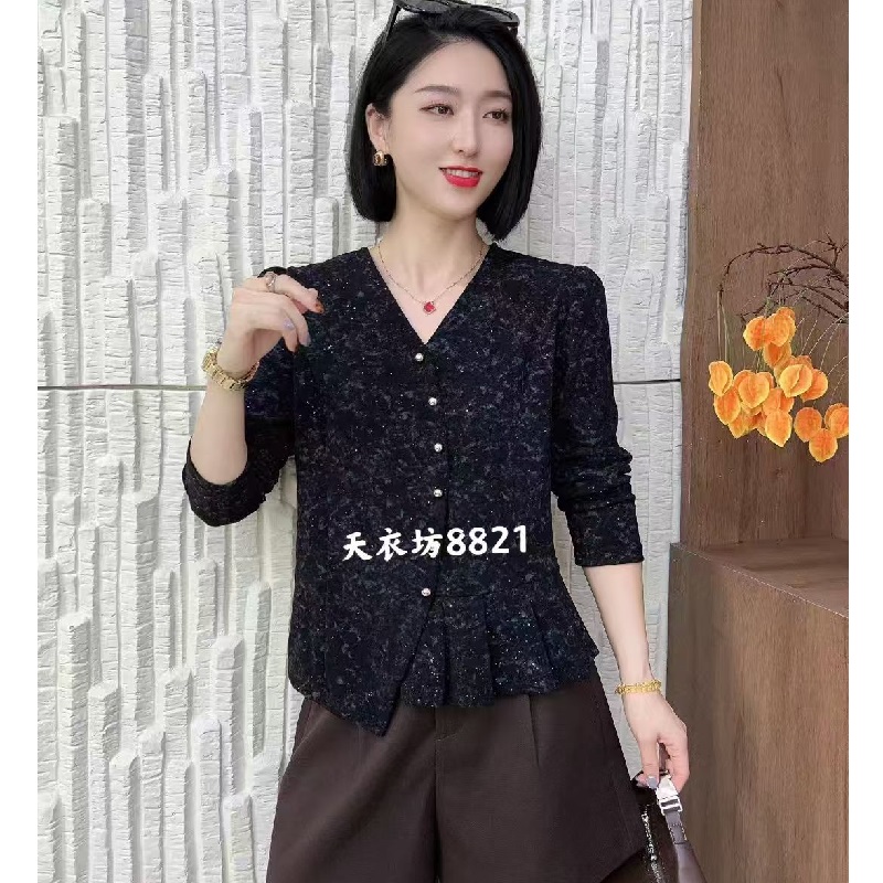 8821C款V领纯色短款法式蕾丝打底衫衬衫洋气衬衣小衫