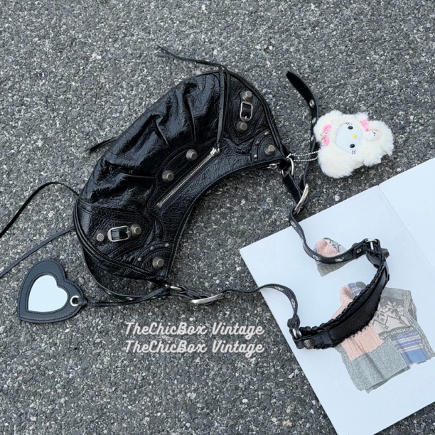 95新 Balenciaga/巴黎世家 只盒/黑银Le Cagole S 半月腋下包