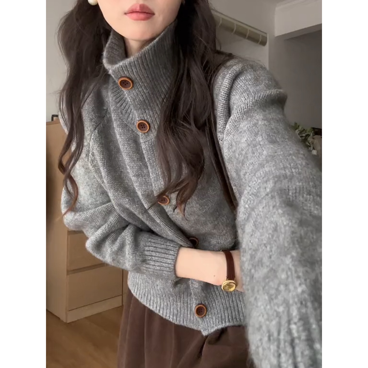 单排扣高领毛衣外套女秋冬新款韩版休闲百搭显瘦气质针织开衫上衣
