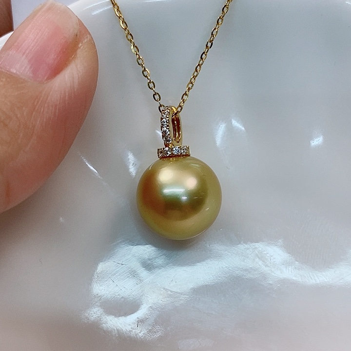 海水珍珠吊坠(不含链)18K金镶嵌南洋金珠吊坠13-14mm