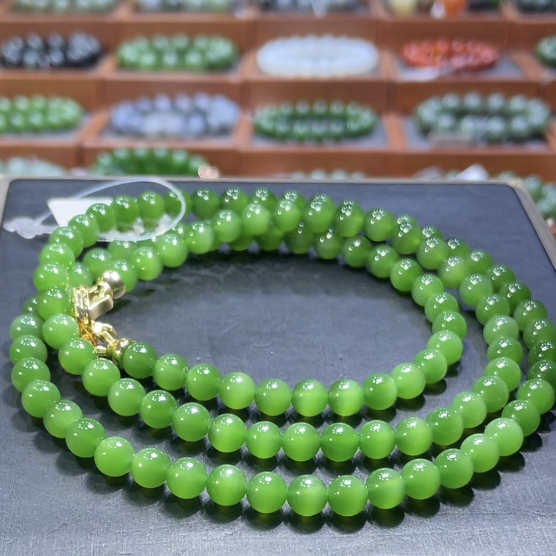 和田玉俄料碧玉绿猫眼多圈项链6mm