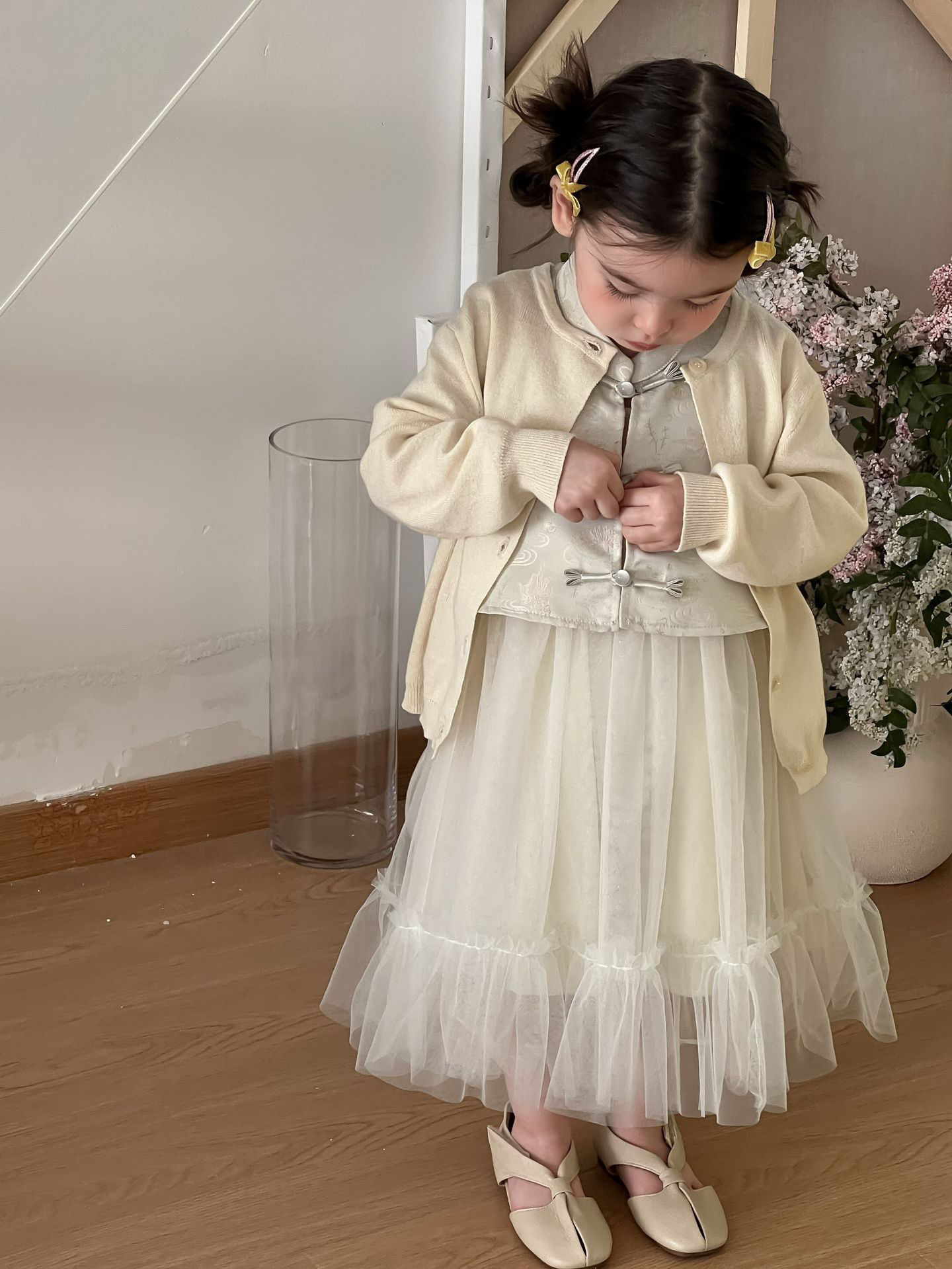 春季女宝宝连衣裙周岁礼服国风盘扣公主风网纱裙百日宴两件套装潮