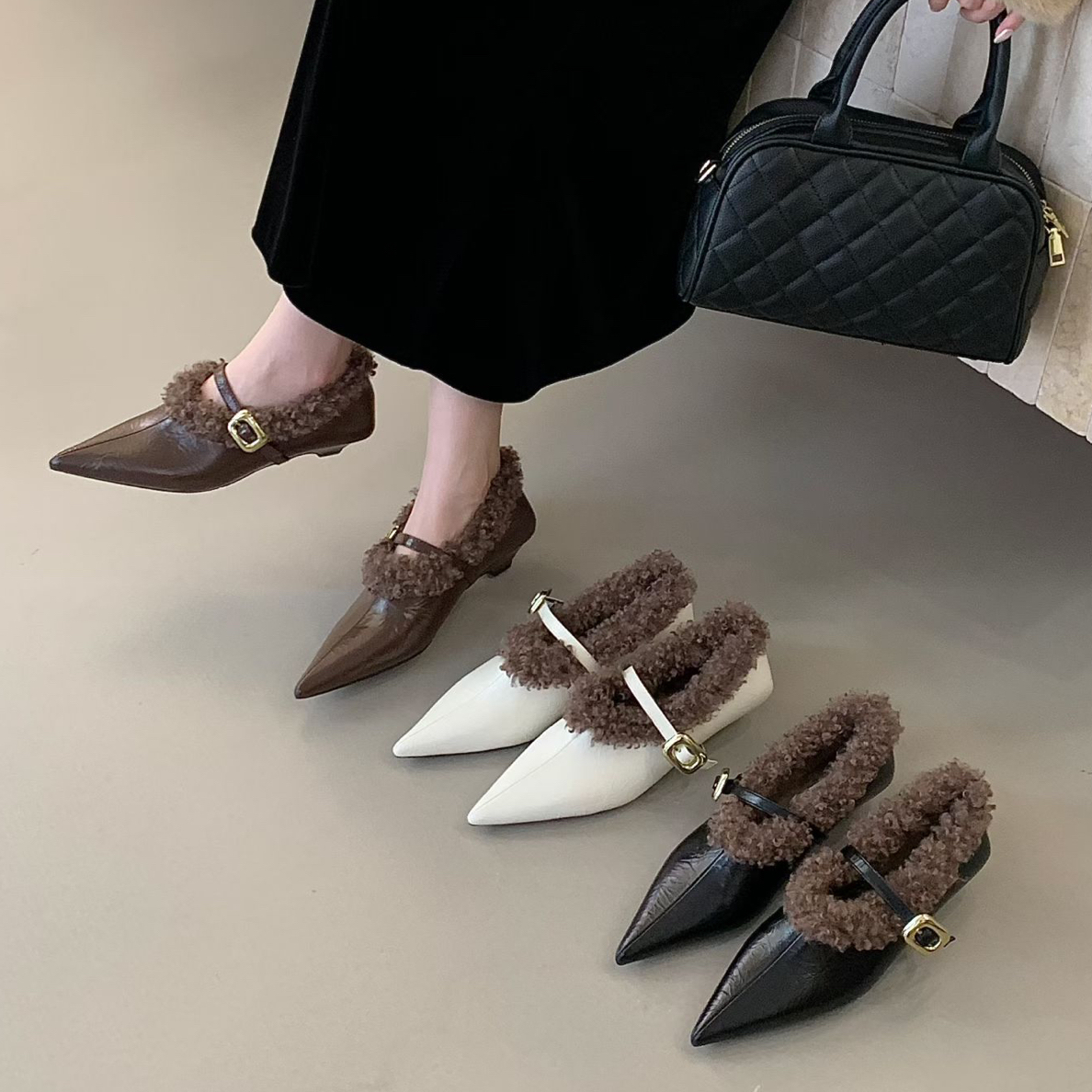 G5-17百搭时尚韩式低跟尖头单鞋保暖厚款穆勒鞋