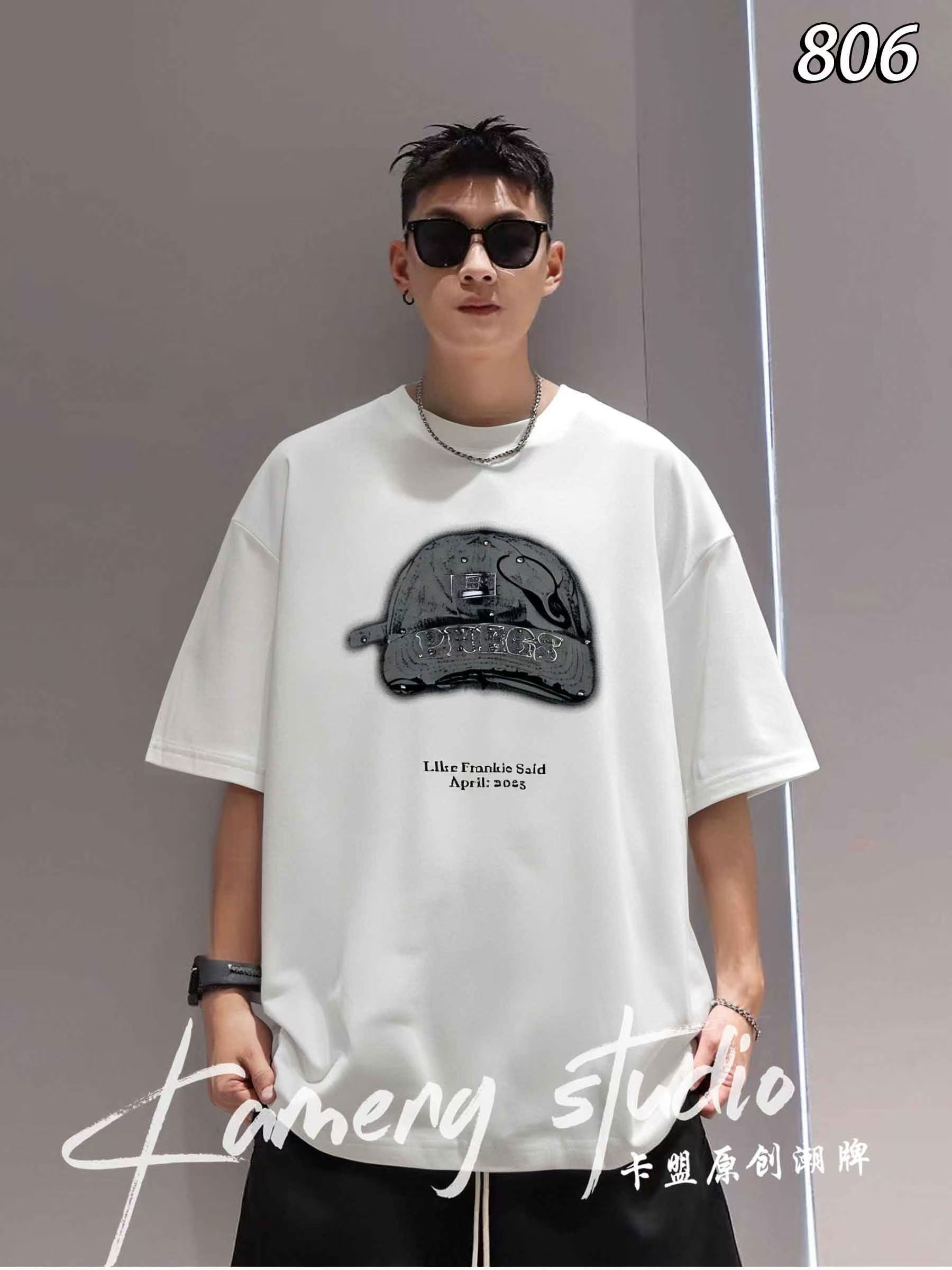 潮牌短袖，帽子图案数码印花➕激光金属字母厚版