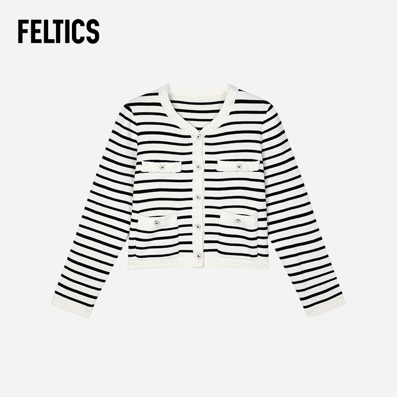 FELTICS复古小香风外套女春秋款条纹高腰短款上衣针织衫开衫潮