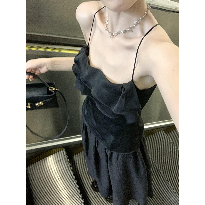 甜辣复古荷叶边吊带背心女夏季纯欲露背短款上衣半身裙长裙两件套