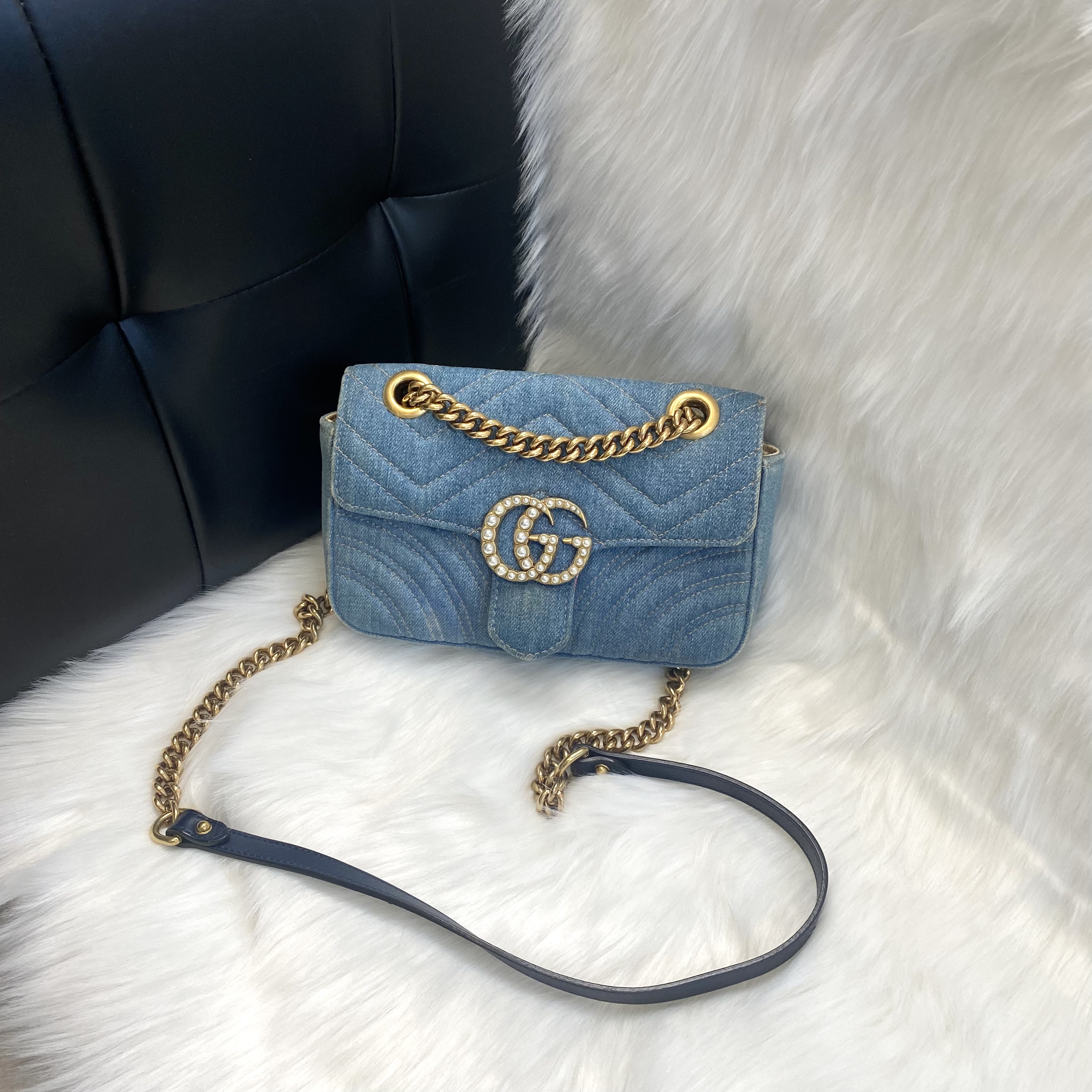 95新 GUCCI/古驰 古驰GG 牛仔丹宁珍珠色马蒙22 斜挎链条包