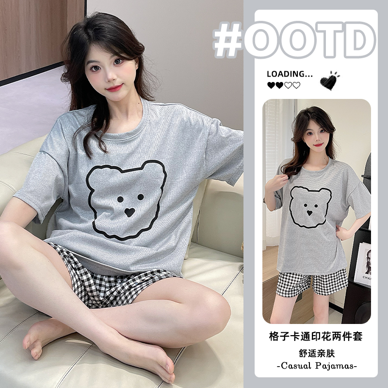 夏季卡通短袖短裤睡衣女高颜值爆款带胸垫套装可外穿百搭家居服装