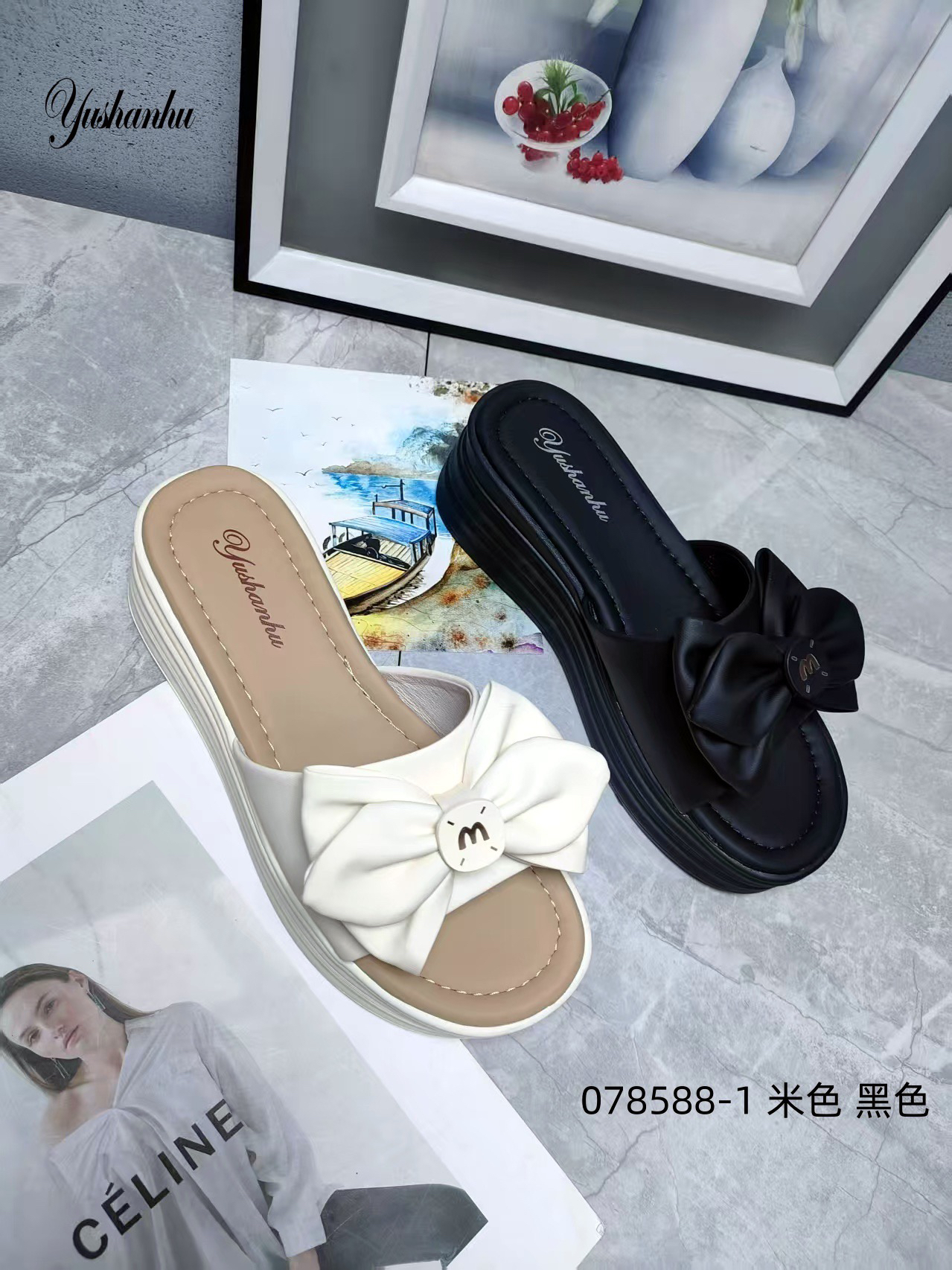 夏季小皮匠588-1坡跟蝴蝶结增高甜美风一字拖韩版高质感穿搭