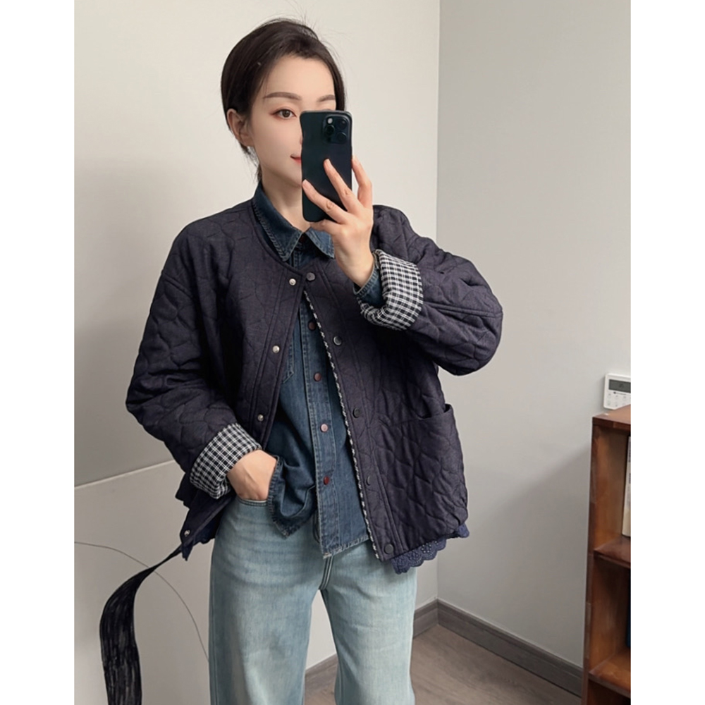 小个子专属短款防掉色深色小棉衣女蕾丝花边个性时尚菱形格外套