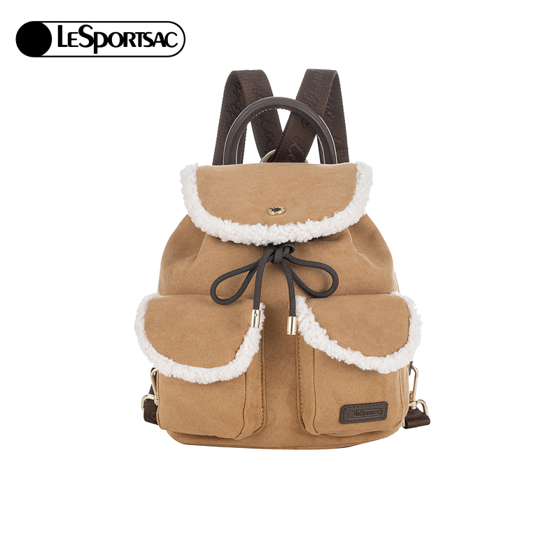 LeSportsac乐播诗秋冬女毛包仿麂皮包抽绳双肩包多功能两用斜挎包