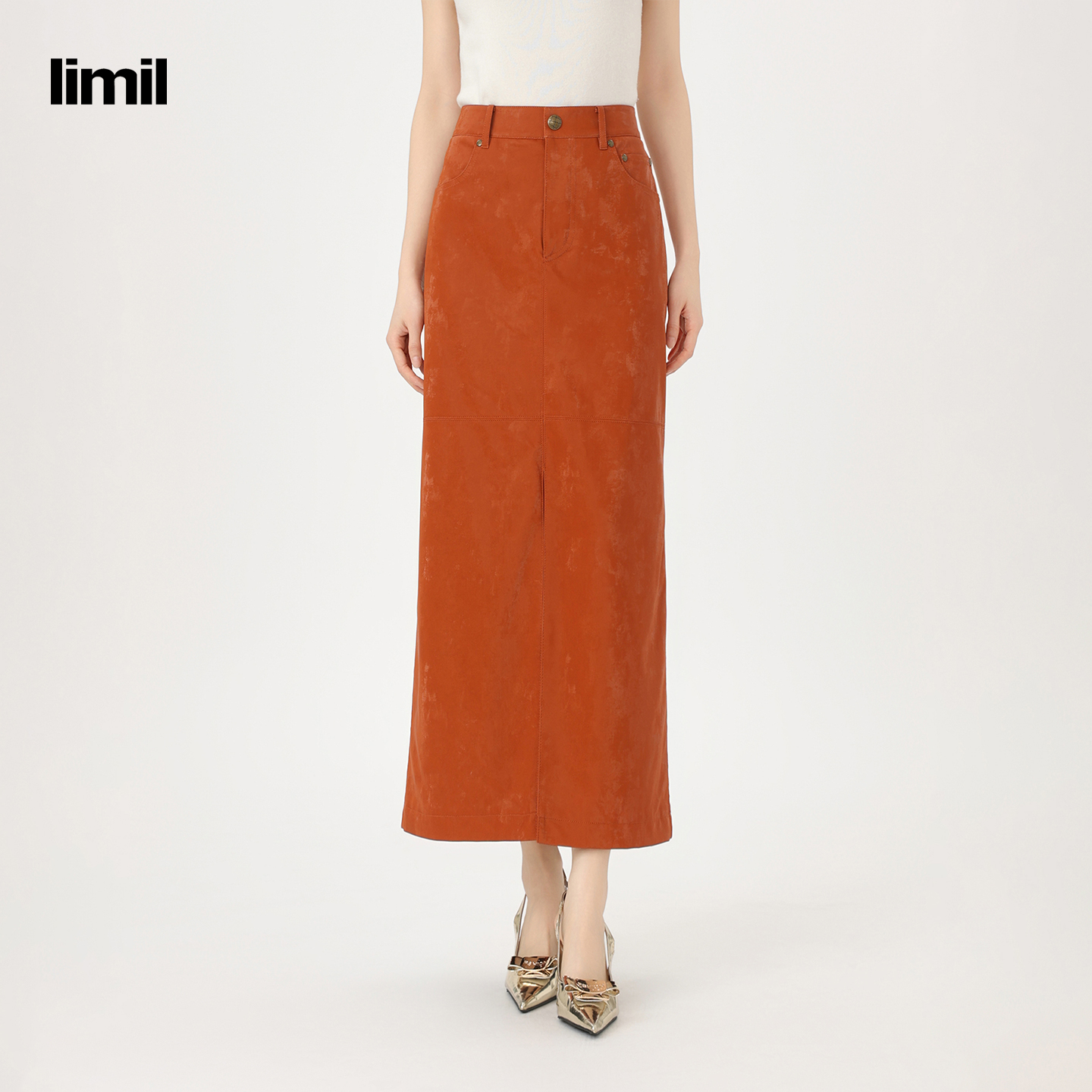 limil/丽米儿【琥珀流光】秋季轻奢高腰开衩通勤时尚半身裙920025