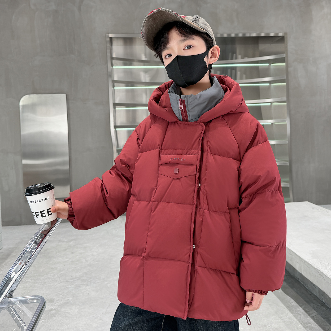 儿童装男童冬装红色棉服外套2025新款中大童棉袄冬季男孩加厚棉衣