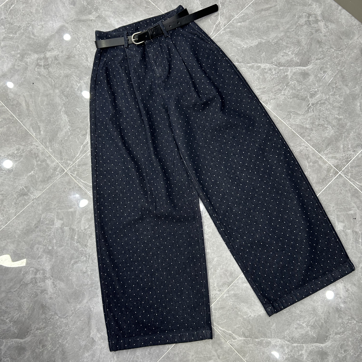 【芸姐】2529蓝色名流高货加绒洋气波点弯刀裤