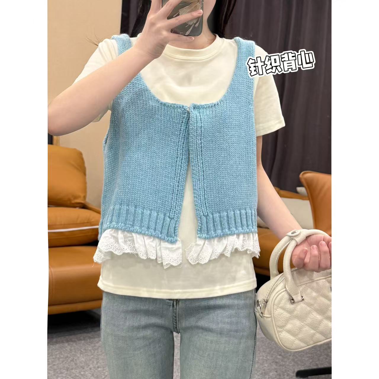 蕾丝边针织背心 小允姐姐2025新款时尚气质高级蕾丝边针织背心