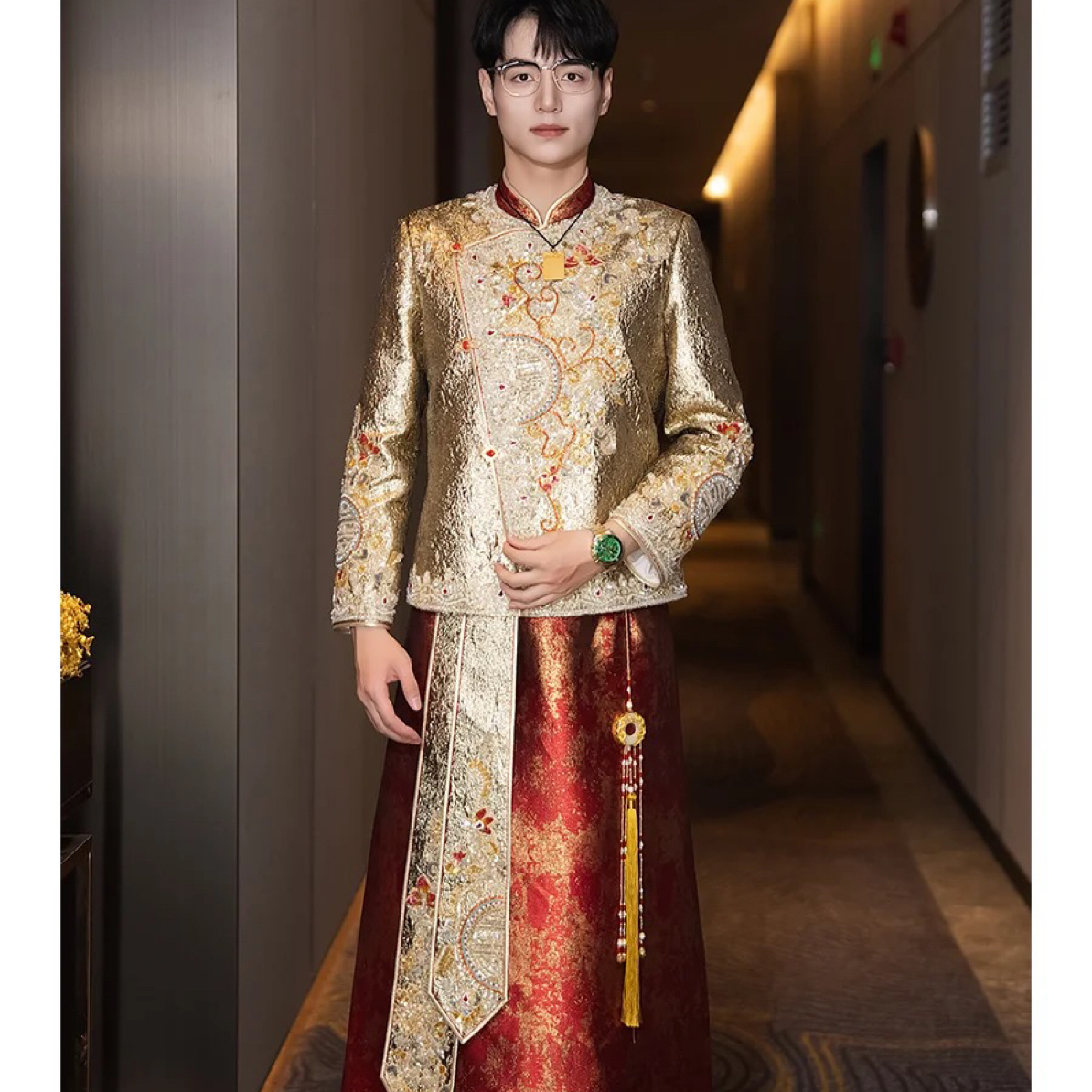 男士秀禾服新郎中式礼服婚礼结婚敬酒服香槟金接亲龙凤褂婚服高端