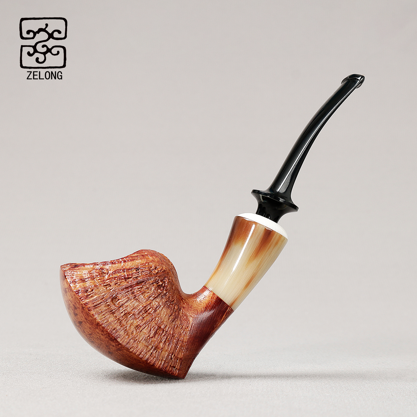 国师泽龙 喷砂盾牌 底部光面带瘤皮 牛角饰圈 3mm 手工石楠木烟斗