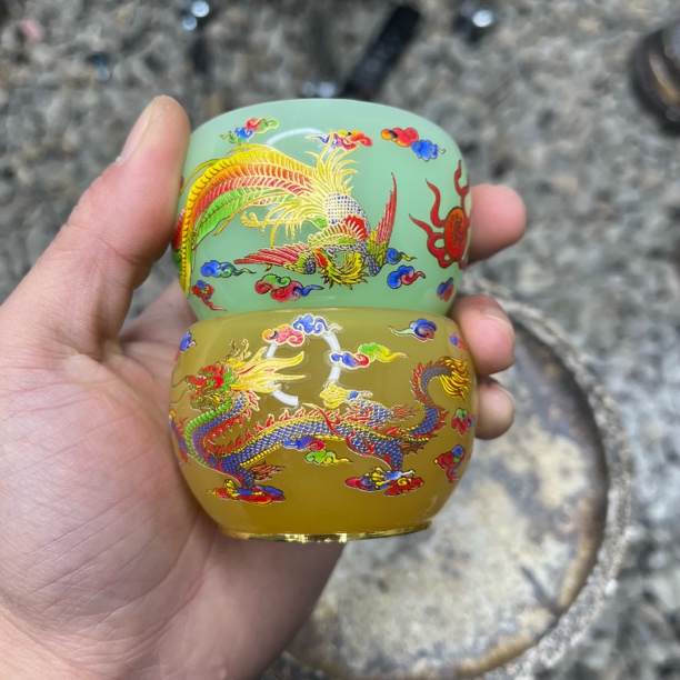 黄绿龙凤戏珠对杯 精美无暇 茶器 茶杯 主人杯