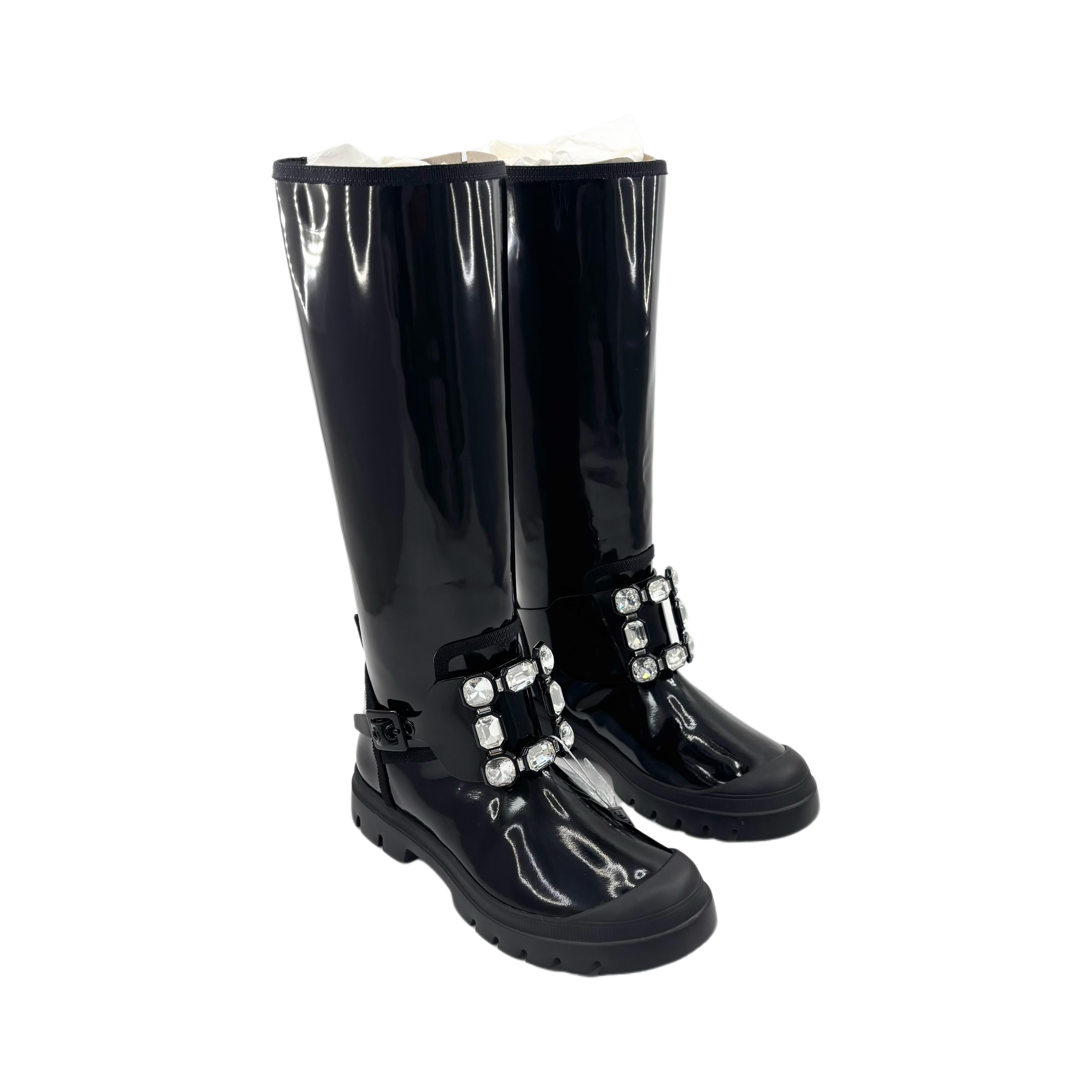 未使用 Roger Vivier/罗杰·维威耶 37码黑色漆皮钻扣长靴TT250951