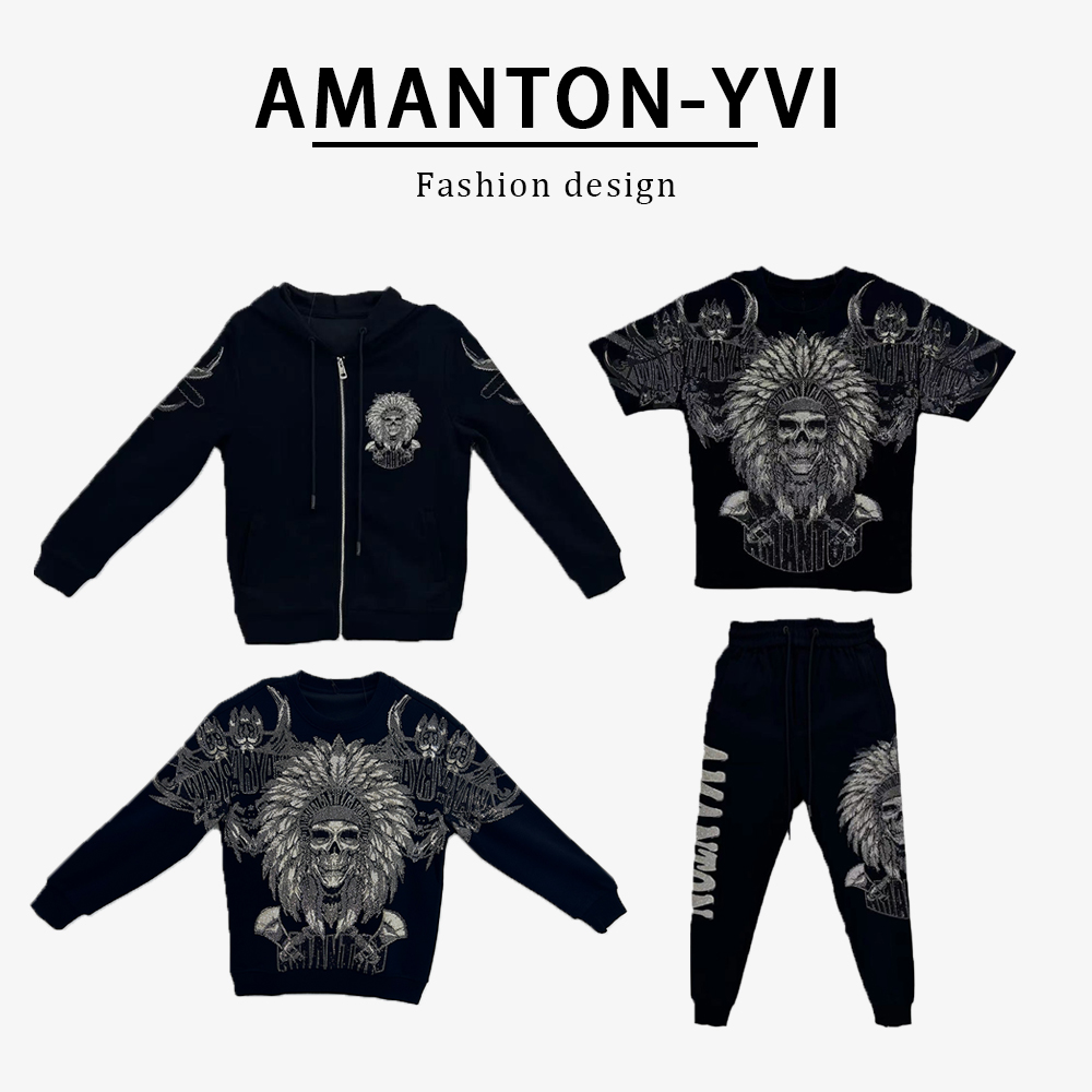 重工男士设计师高奢新款满钻骷髅套头T恤小脚裤外套11290