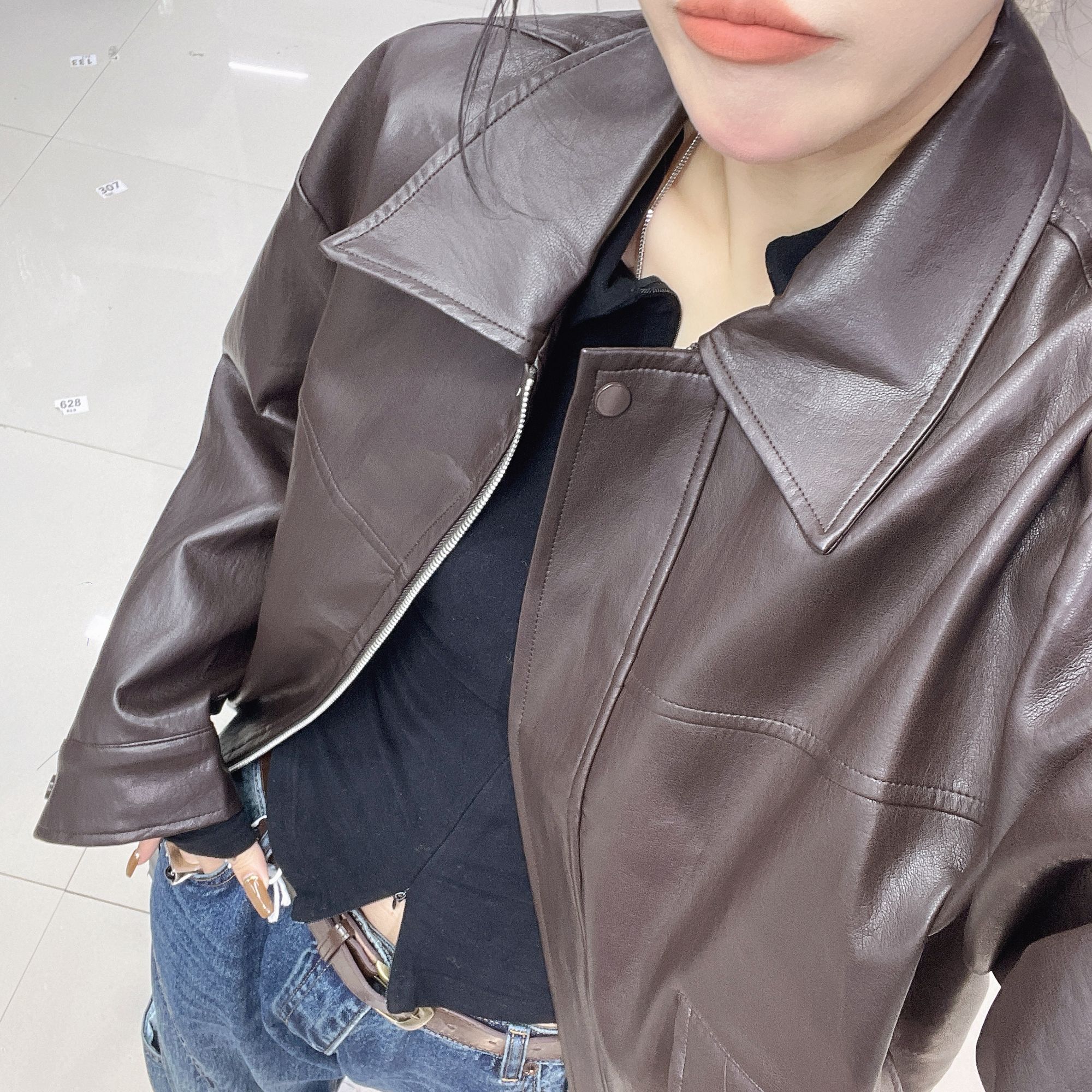 686#翻领斜口袋蛋白皮外套简约洋气百搭