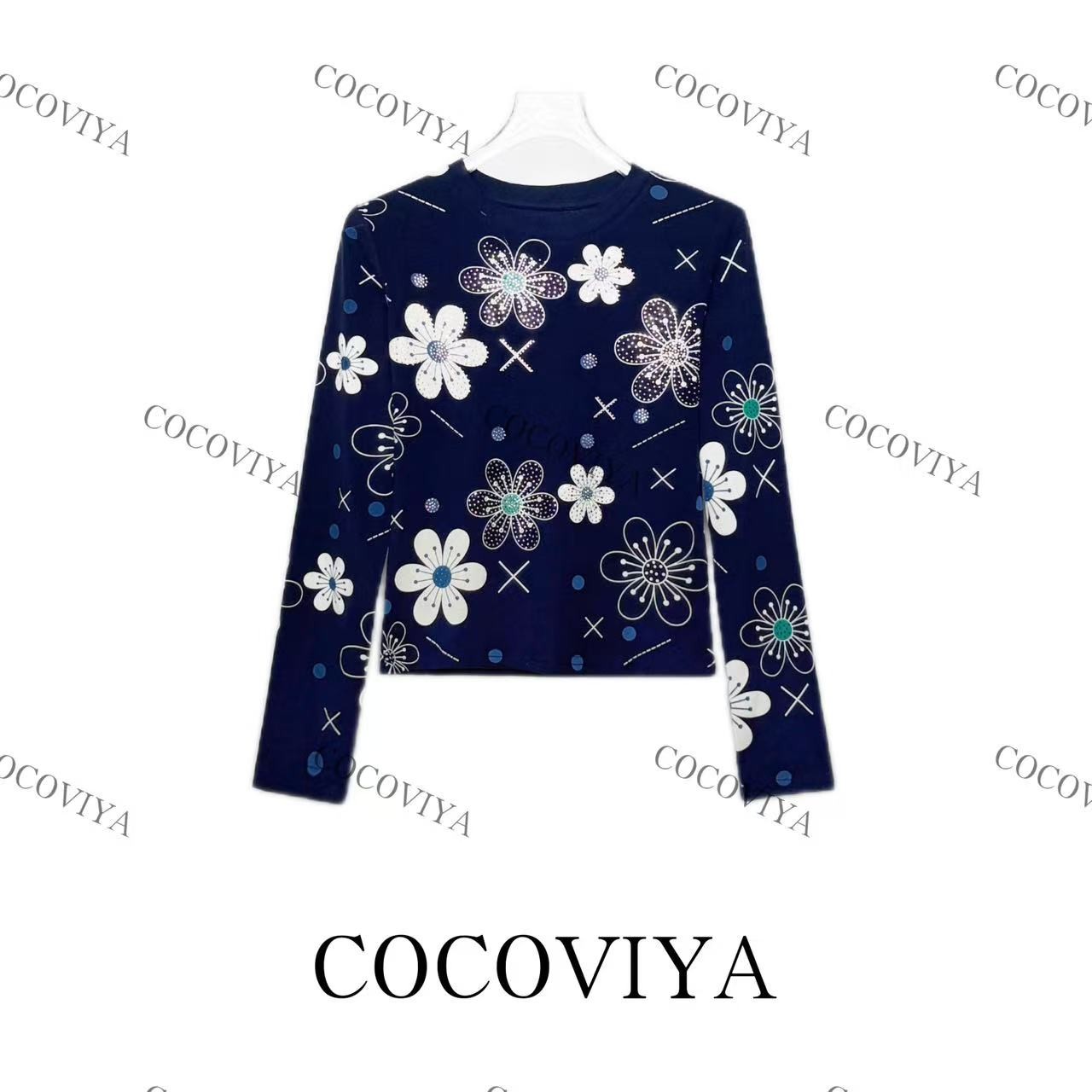 COCOVIYA幽蓝花影夜空星芒长袖T恤时尚内搭休闲上衣26C-279