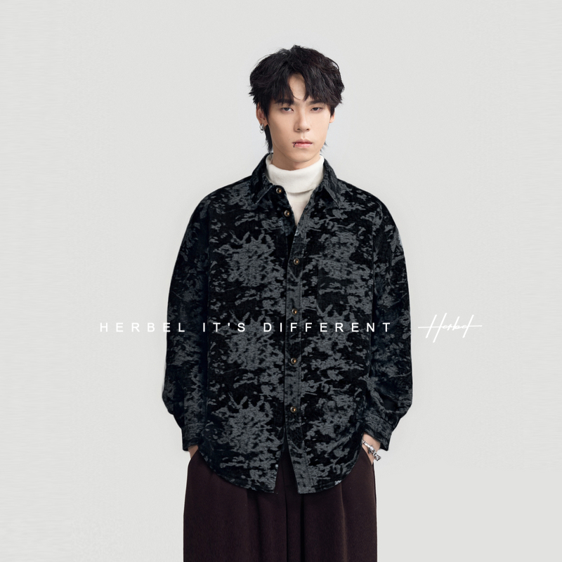 HERBEL/黑白长袖衬衫男士2025年冬季新款时尚百搭印花翻领衬衣