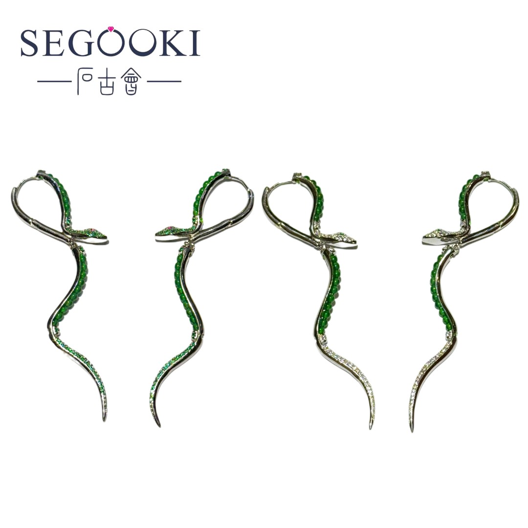 【石古会】S925银-翡翠-蛇形耳饰-多样性发一-FC081