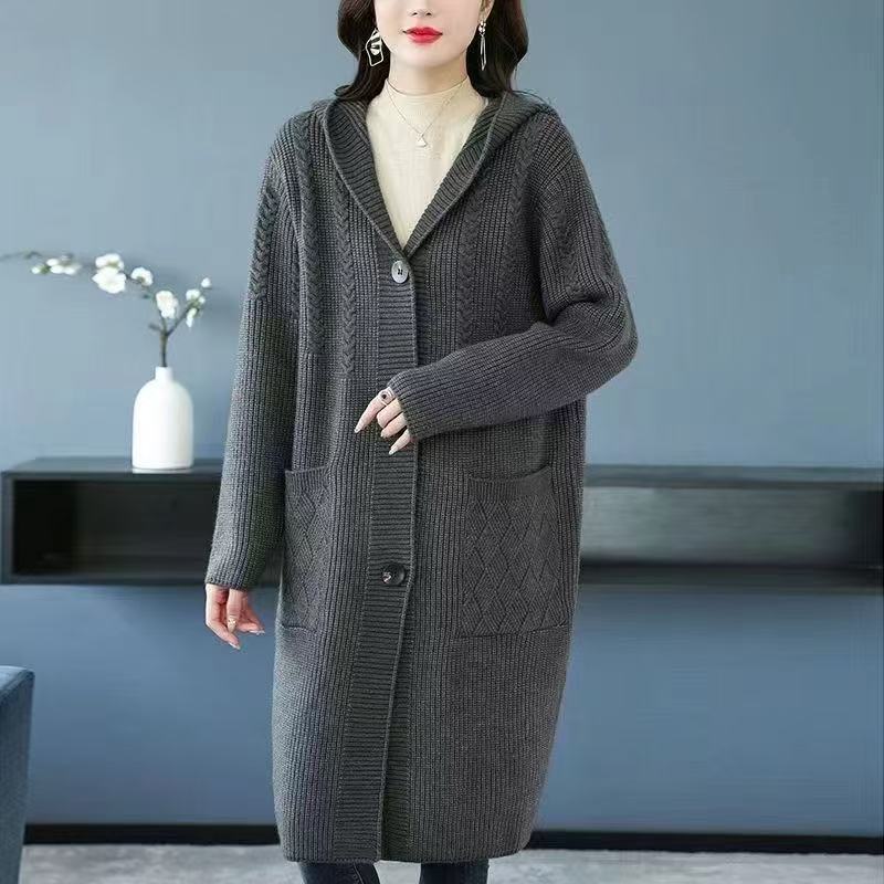 秋冬新款连帽针织开衫毛衣外套高档中长款时尚百搭大码洋气女9062