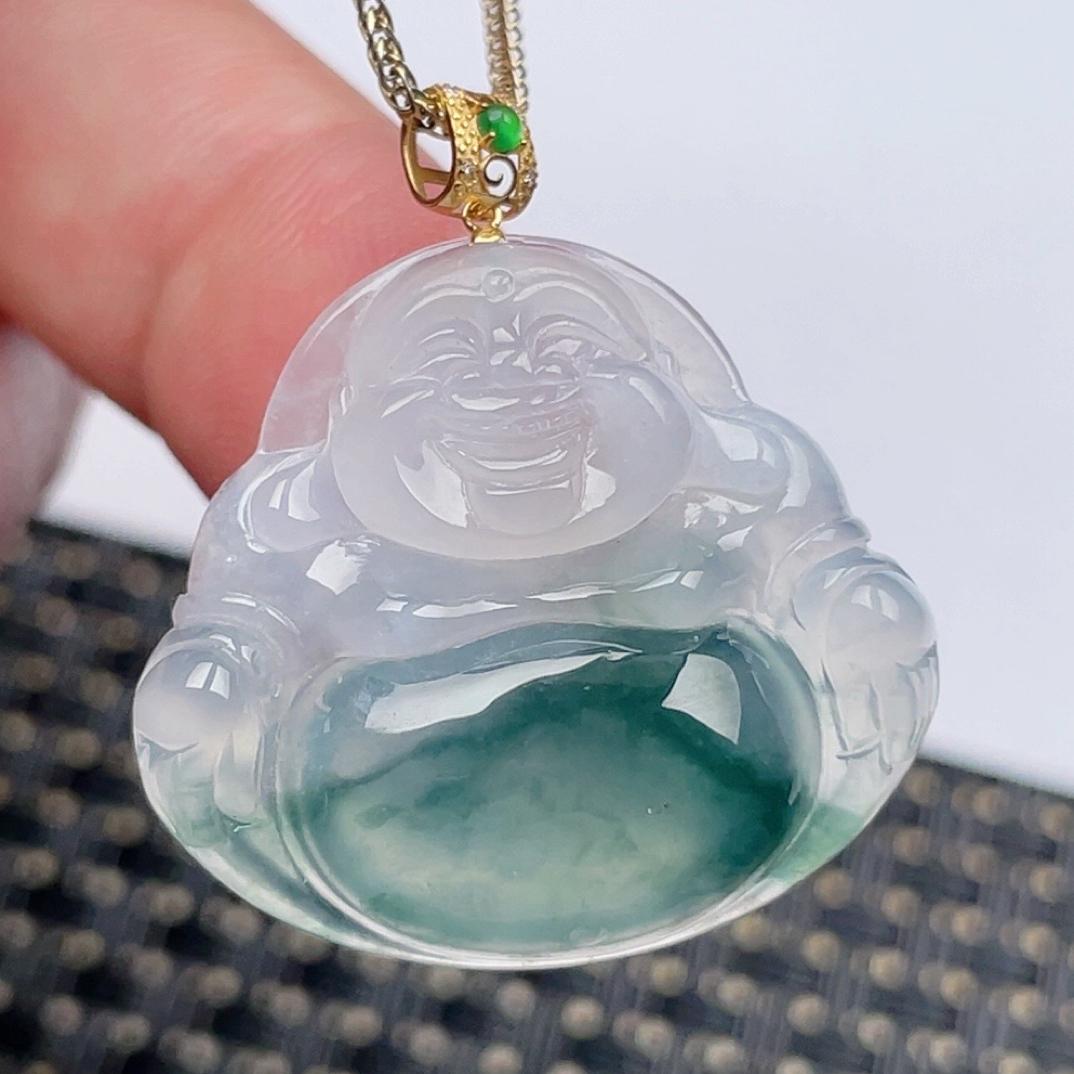 缅甸天然翡翠A货冰飘花佛公吊坠尺寸26.6-29.2-5.7