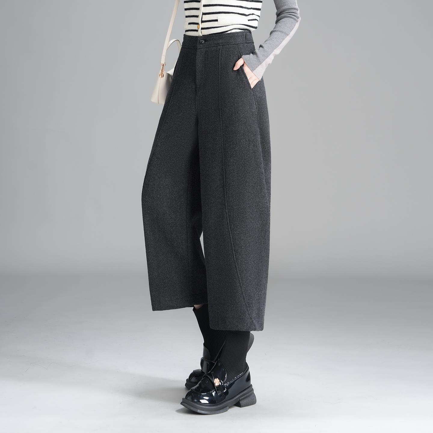 花纹羊毛立体垂感裤女2025新款冬季新款窄版遮跨八分羊毛阔腿裤