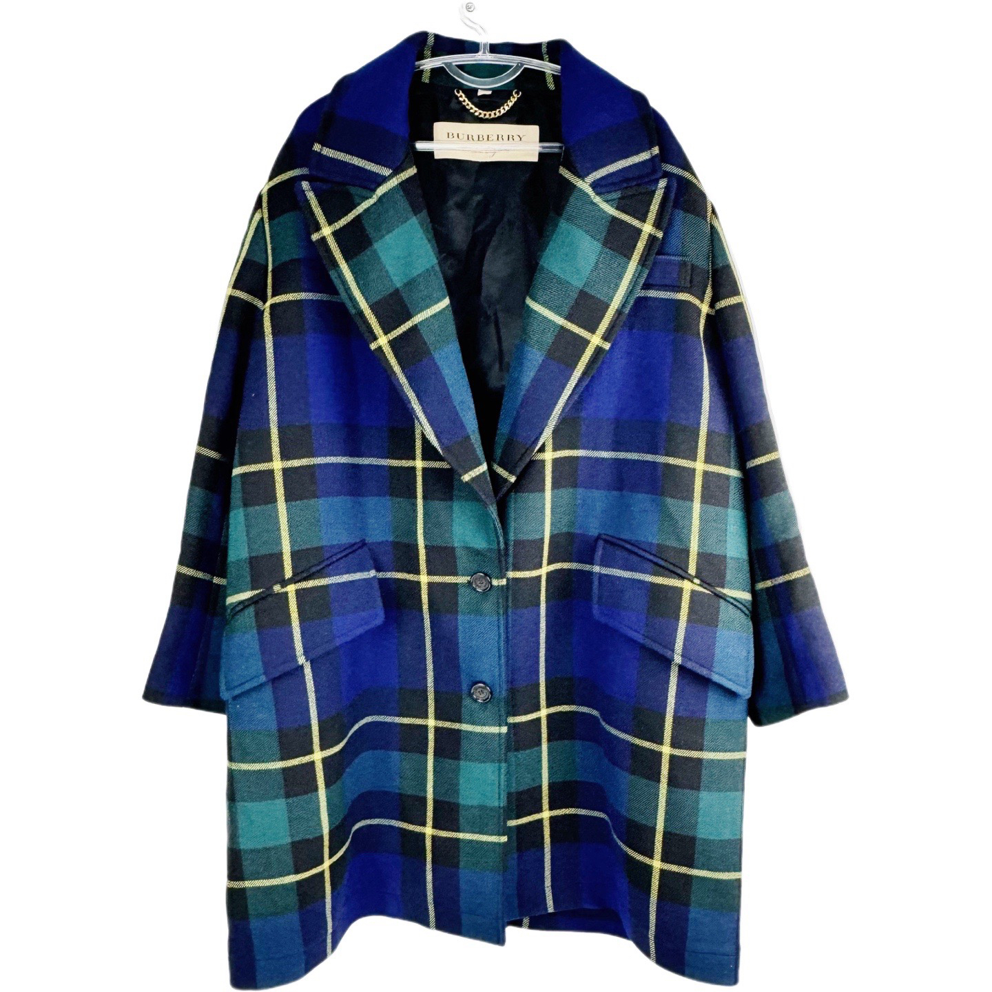 99新 BURBERRY/博柏利 48码 蓝绿拼色格纹 翻领 长款风衣 sz0290