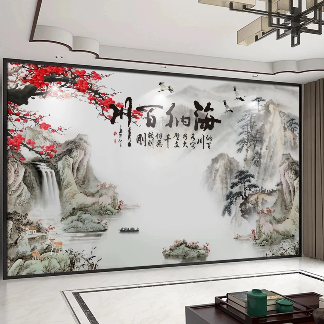 定制电视背景墙壁画3D立体8D中式山水海纳百川客厅影视墙墙纸墙布
