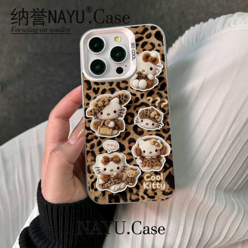 毛绒KT豹纹彩银壳适用于iPhone苹果16手机壳iPhone华为oppo小米荣