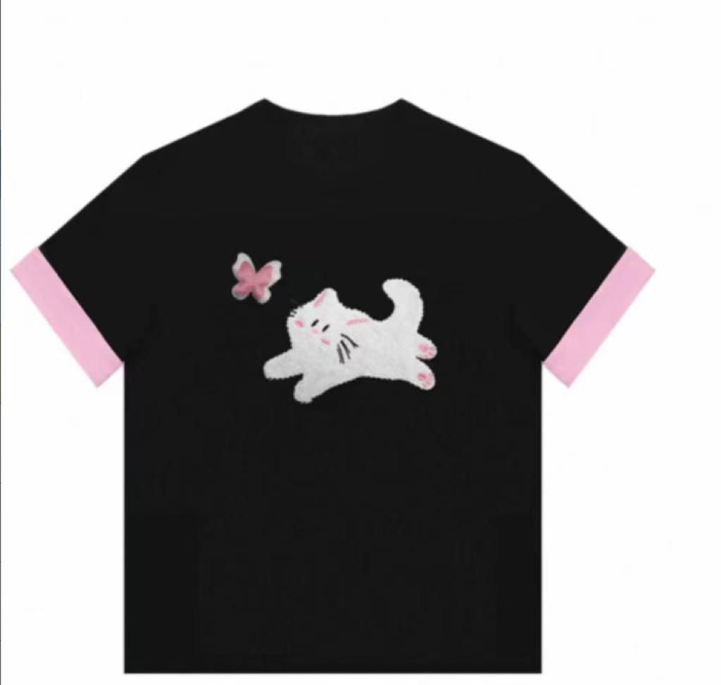 【招财猫】美式卡通短袖t恤女新款潮牌设计感小众上衣Y9774