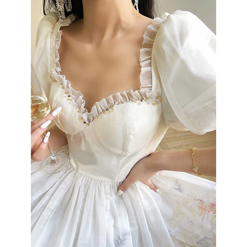 Aconiconi｜云霓漫花 法式高级印花公主裙显瘦短裙仙女钉珠木耳边