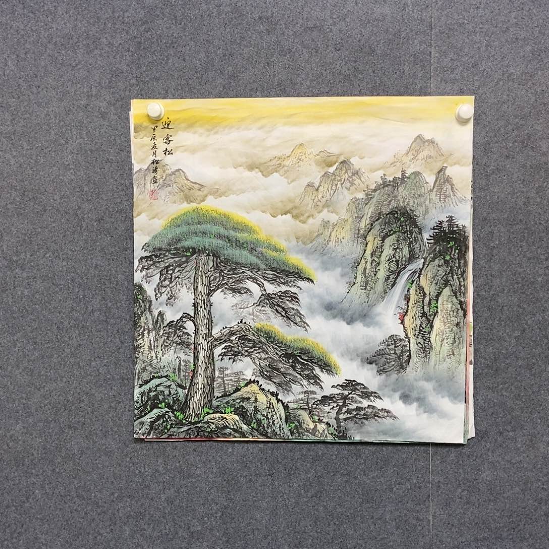 国画四尺斗方迎客松一副