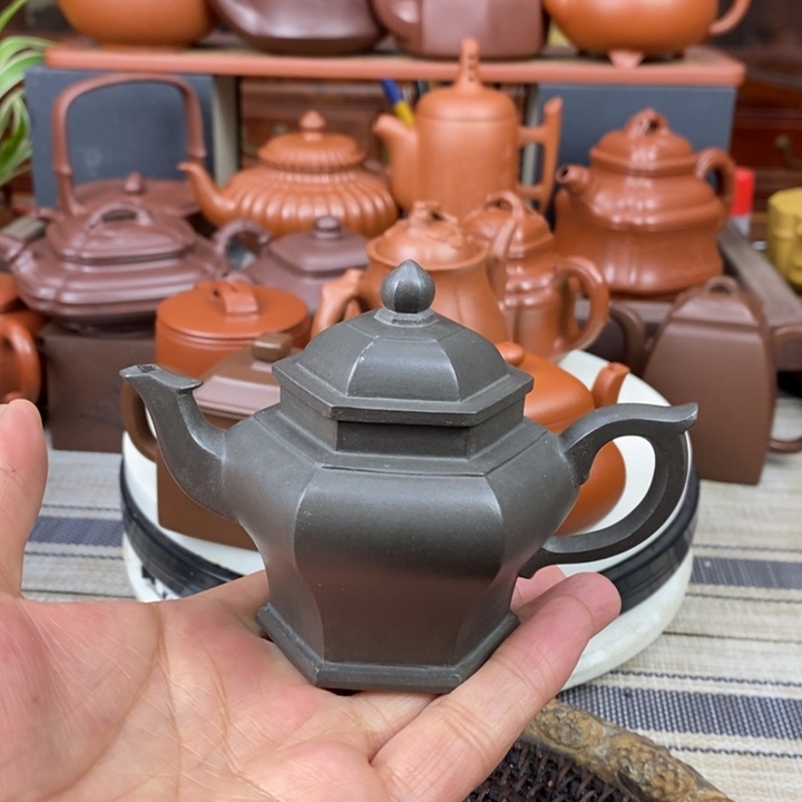 紫砂茶壶六方宫灯100cc原矿老天青特价