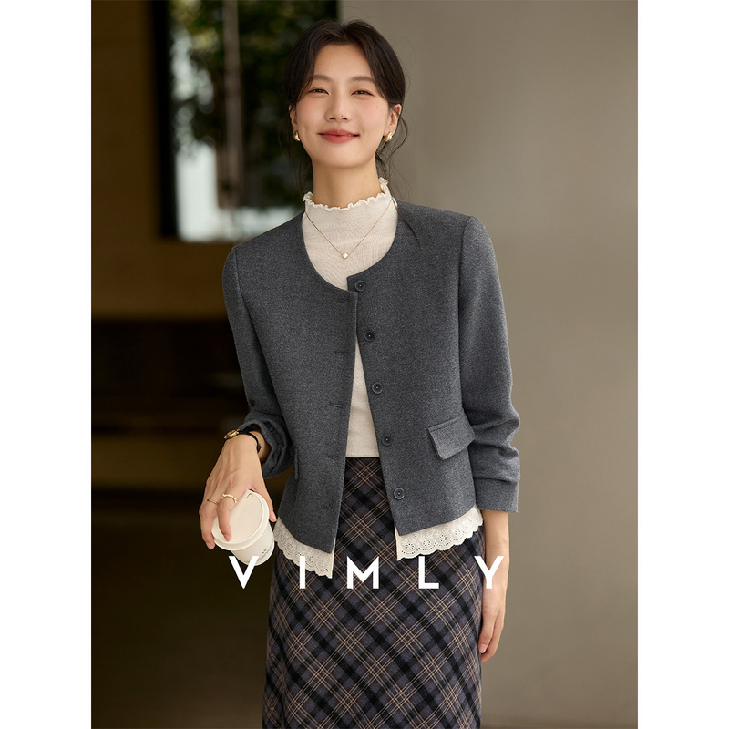 梵希蔓灰色法式优雅圆领短款外套女秋拼花边气质长袖上衣A2665