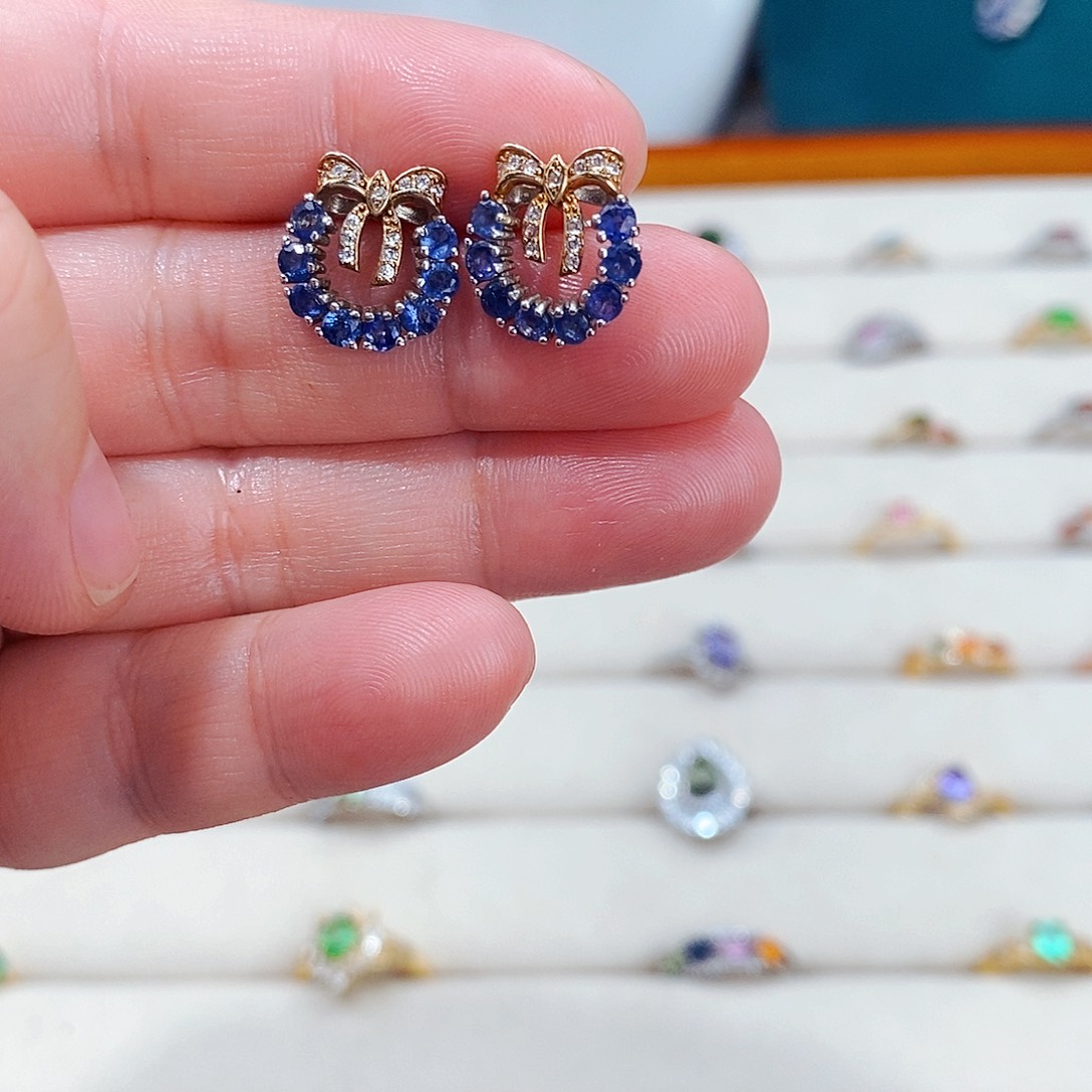 蓝宝石耳饰银S925镶嵌