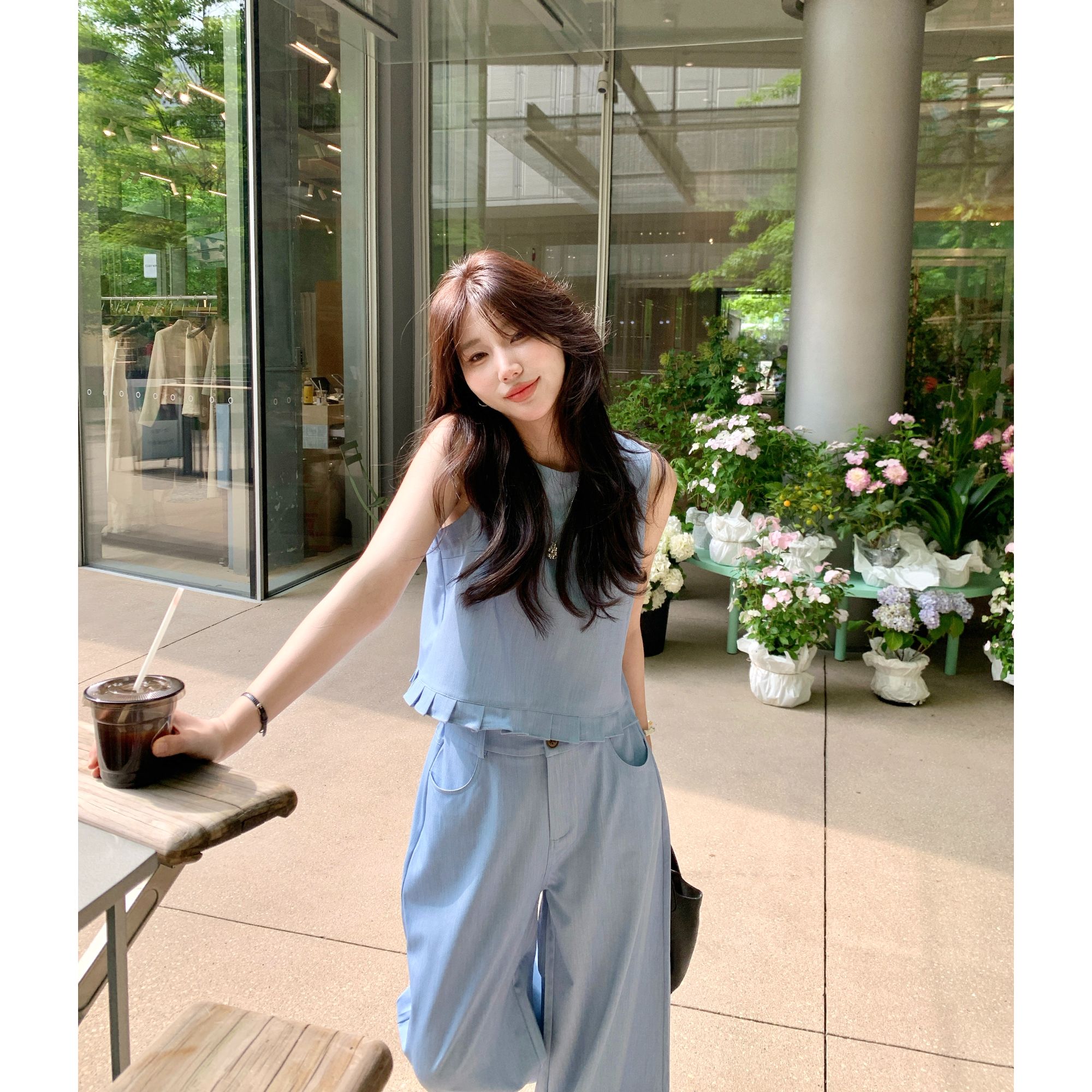 Berry 喜你而欢大庞定制 蓝色无袖欧尼上衣女高腰直筒九分裤套装