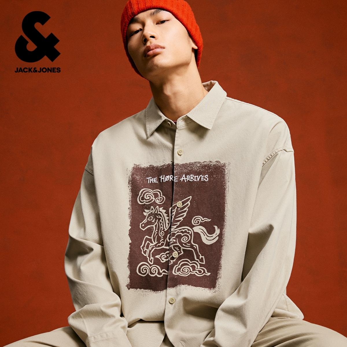 杰克琼斯男装春季马年生肖新年款马图案印花休闲宽松长袖衬衫外套