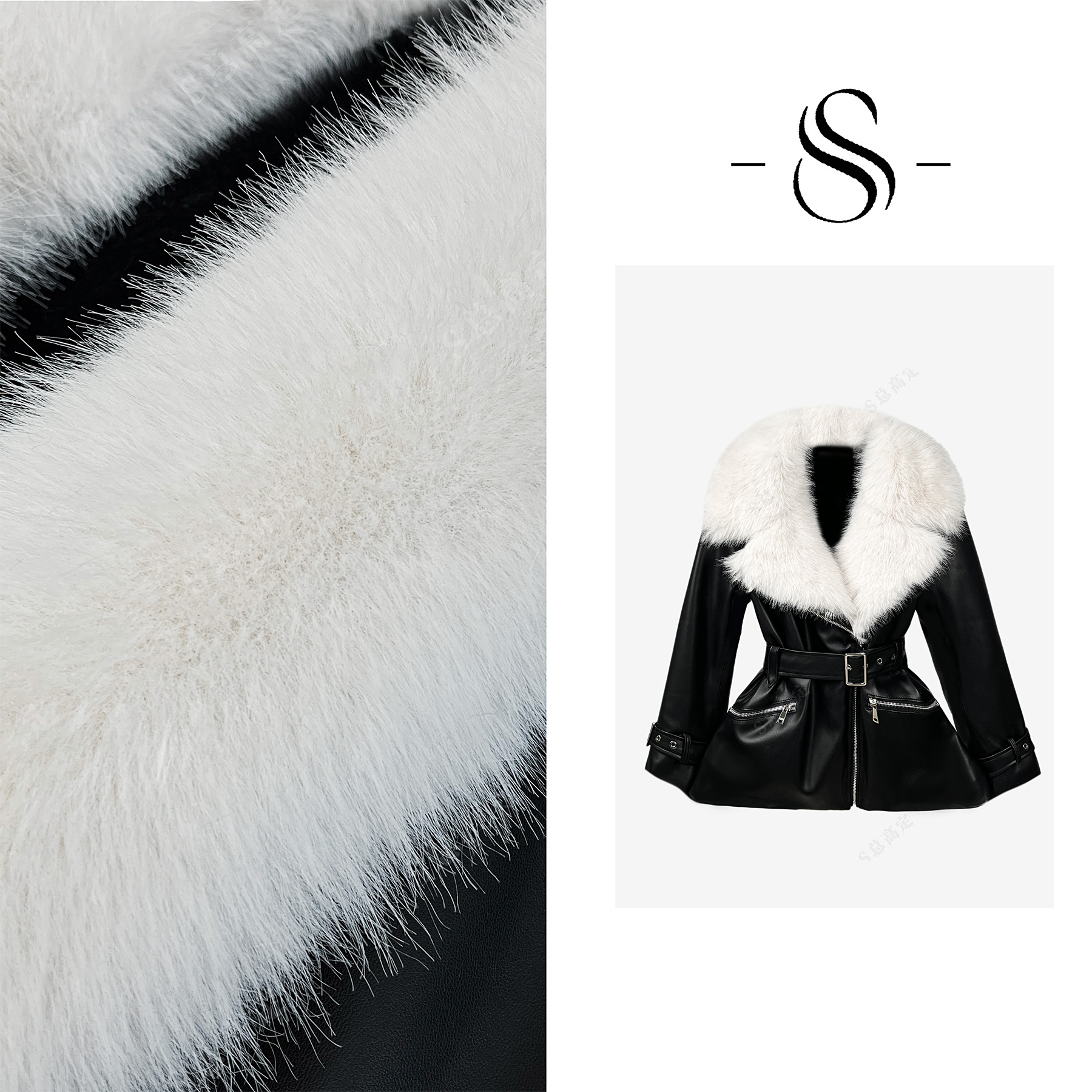 NIMOSHI【倩倩】冬季款翻毛领机车风拼接束腰瘦减龄百搭外套D0273