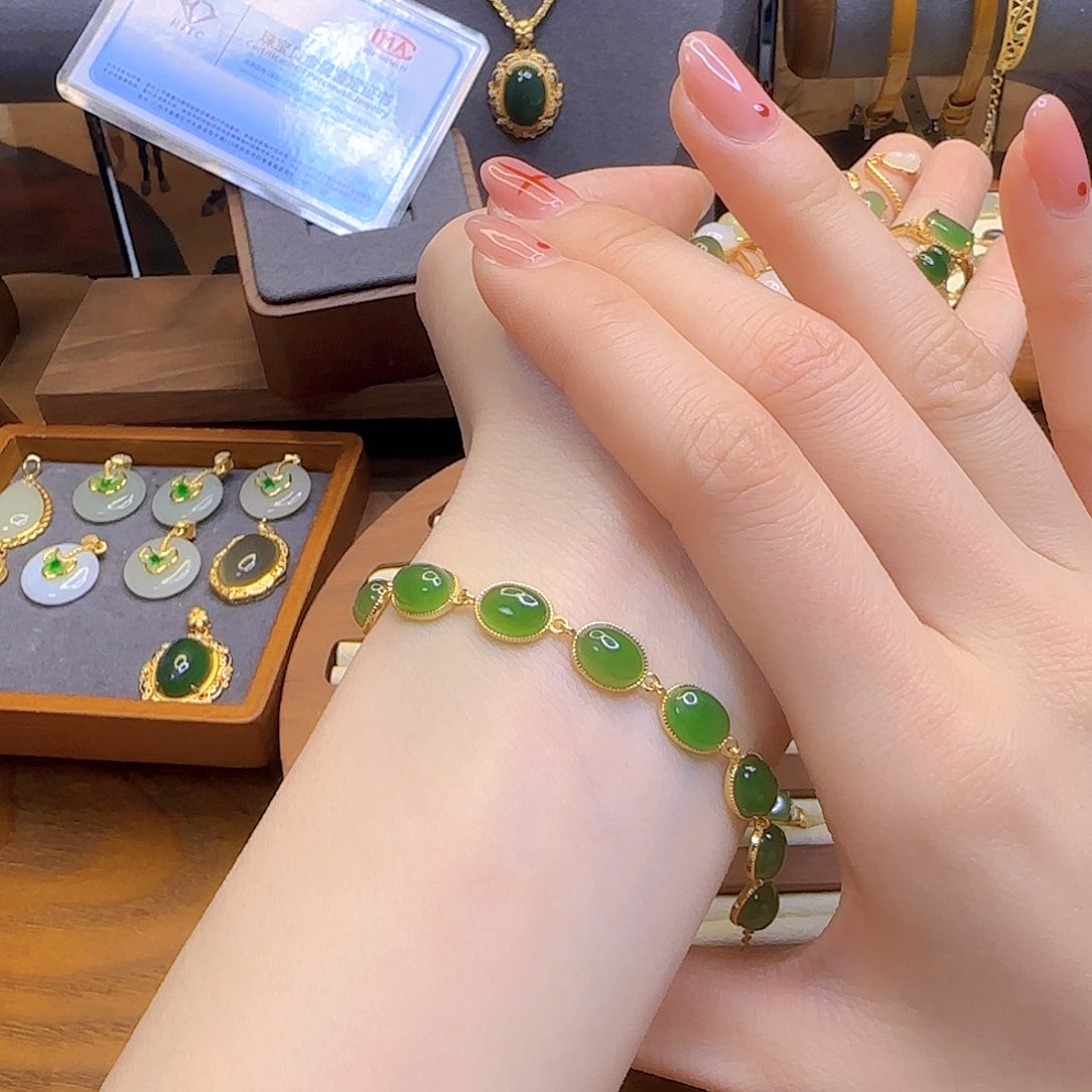 和田玉手链银S925镀金镶嵌