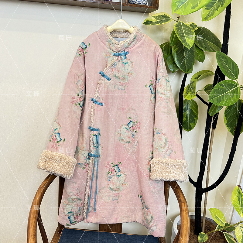 【昭昭】冬季国风复古加厚印花毛领斜襟盘扣棉衣中长款棉服52765