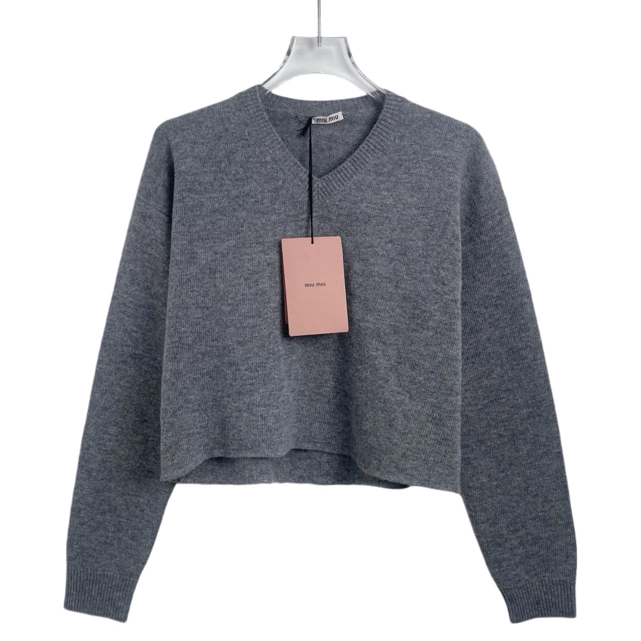 全新未使用 MIU MIU/缪缪 001176 logo绵羊毛小V领毛衣灰色 38码